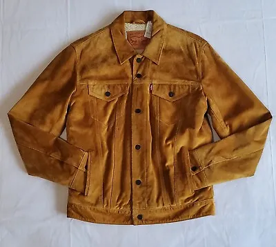 Levi's Tan Gold Cow Suede Sherpa Trucker Jacket Snap Down Men's Size M Sample • $295.50