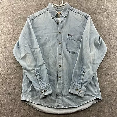 VTG Woolrich Shirt Mens M Blue Cotton Chambray Button Down Long Sleeve USA 90s • $9.95