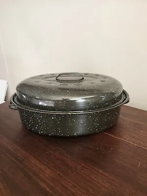 VTG Graniteware/Enamelware Metal Dutch Oven Roasting Pan Black Speckled Oval • $18.19