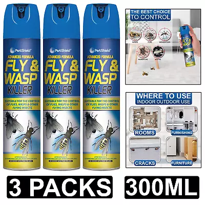 3x Fly And Wasp Killer Spray Kills Insects Midges Mosquito Advance Formula 300ml • £8.89