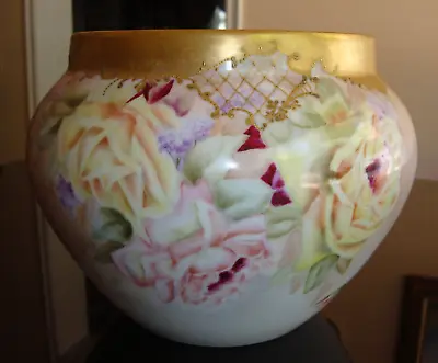 Antique Limoges T&v Hand Painted Large 11  Jardiniere Vase Planter Roses & Gold • $290