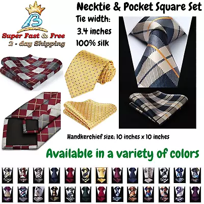 Men Classic Necktie Wedding Tuxedo Geometric Striped Dress Ties W/ Pocket Square • $22.63