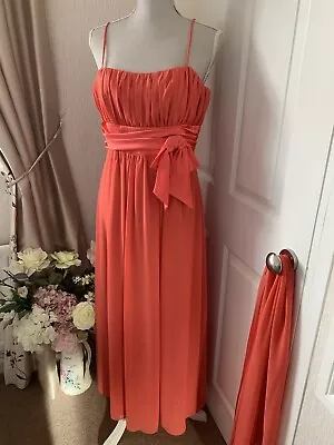 YVE London Coral Maxi Dress With Scarf Size 12 Prom Wedding Cruise Party • £12.99