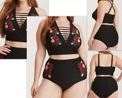 TORRID Swimsuit Bikini Set Deep V Lattice Black Flowers High Waist 0 00 NWT NEW • $54.99