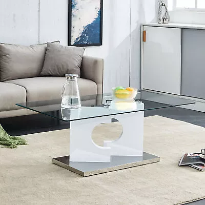 Rectangular Modern Fashionable Coffee Table Glass Top White MDF Legs Living Room • $216.99