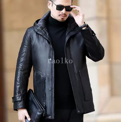 Mens Jacket Short Real Down Detachable Lined PU Leather Coat Hooded Zipper Parka • $197.49