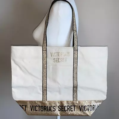 Victorias Secret Tote Bag Large Zip Purse Canvas Cream Beige Gold Glitter New • $25