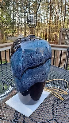 Vintage NC Mid-Century Modern Art Pottery Drip Glaze Blue/Black Lamp • $250