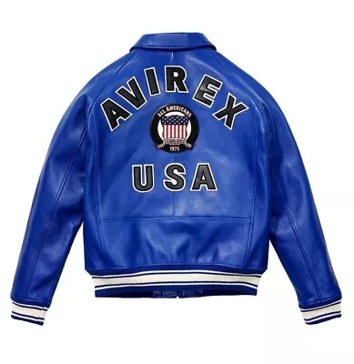 Men's Blue Avirex Real Leather Bomber Jacket American Flight Leather Jacket • $114.99