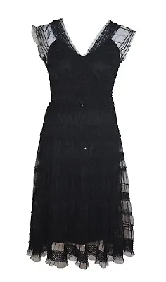 Max Studio XS Dress Black Lace Mesh Tiered Layered Cocktail Sequin Ruffle V Neck • $24.64