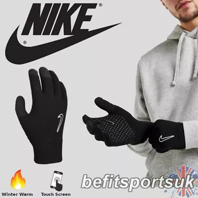 Nike Black Knit Gloves Winter Warm Grip Football Sports Magic Touch Screen Phone • £13.90