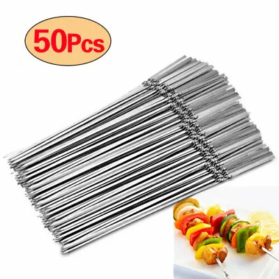 50Pcs Stainless Steel Flat Skewers Metal BBQ Grill Roast Kebab Sticks Reusable • £4.99