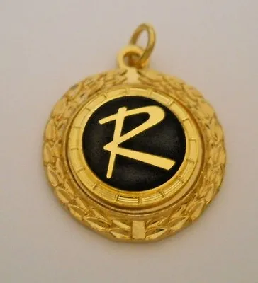 Gold Black Initial Letter R 5/8  Stainless Steel Wreath Charm Pendant Medallion  • $8.99