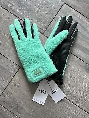 Ugg Womens Sherpa And Leather Zip Glove Pale Emerald Touch Screen Nwt • $41.99