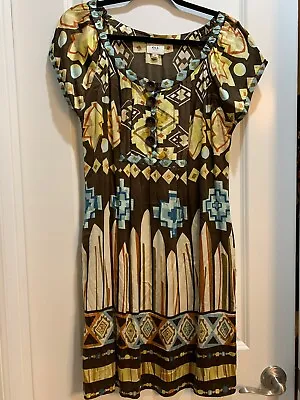 ECI NEW YORK SZ 10 ORANGE FLORAL PRINT Round NECKLINE Short Sleeve DRESS • $24