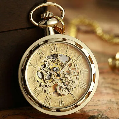 £15.98 • Buy Men Vintage Roman Numerals Skeleton Mechanical Pocket Watch Pendant Chain Gifts