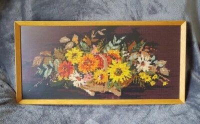 Vintage Handmade Tapestry Cross Stitch Flowers In Basket Finished Framed 23 ×11  • £25