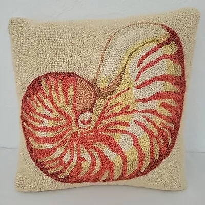 Shell Needlepoint Pillow Coastal Nautical Salmon Beach Velvet Wool 18  Sq Vtg • $19.95