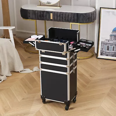 4-in-1 Pro Aluminum Rolling Makeup Case Salon Cosmetic Organizer Trolley Black • $68.59