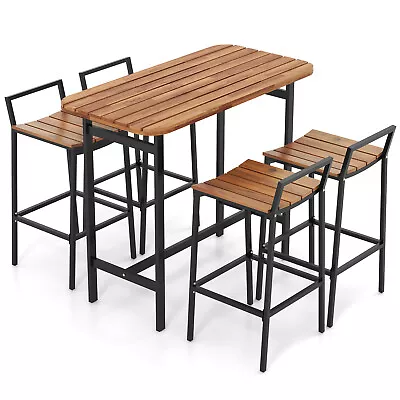 5 PCS Outdoor Bar Height Table Set Acacia Wood Bar Table & Chairs W/ Metal Frame • $289.99