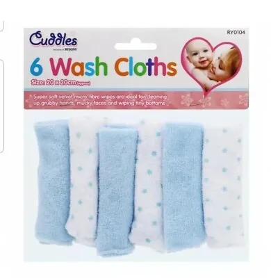 Pack Of 6 BLUE Soft Baby Face Wash Cloths Towel Flannel Machine Wash 0 Months + • £3.89