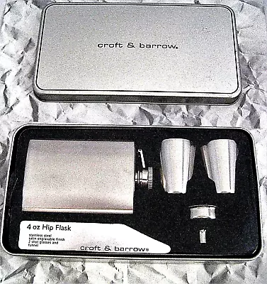 Croft & Barrow 4 Oz Hip Flask Stainless Steel + 2 Shot Glasses Funnel In Tin Box • $10.79