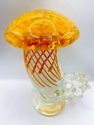 Glass Mushroom Orange Mycelium Sculpture UV Reactive Blown Art Glass 7” • $41.99