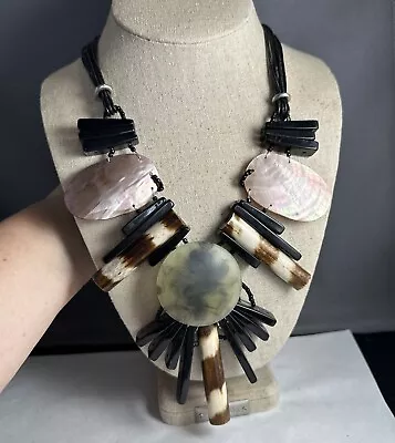 Chicos Leather Mother Of Pearl Tribal Statement Necklace • $59