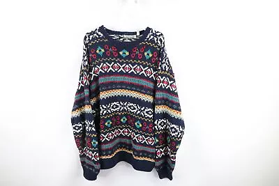 Vtg 90s Streetwear Mens Large Distressed Hand Knit Fair Isle Heavyweight Sweater • $62.95