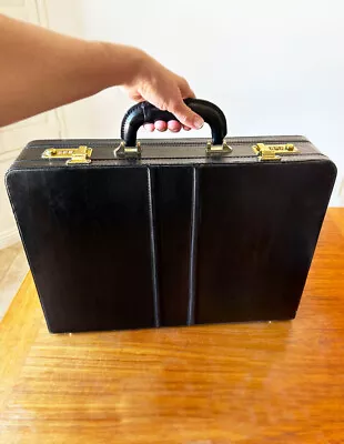 Vintage Jourdan Mens Black Leather Briefcase Traditional Hard Case Locking NEW • $78