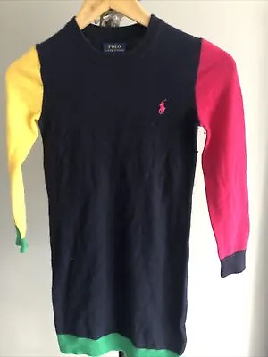 £7.99 • Buy Girls POLO RALPH LAUREN Navy  Colourblock Knitted Wool Mix Dress Jumper S Age 7