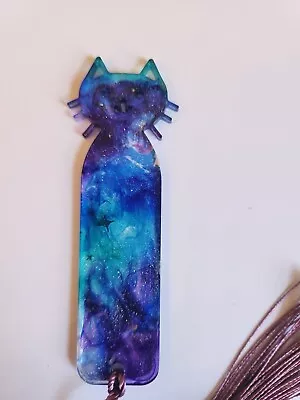 Cat Sparkle Resin Bookmark With Tassel Purple Blue Teal Shimmer With Stars • £3.50