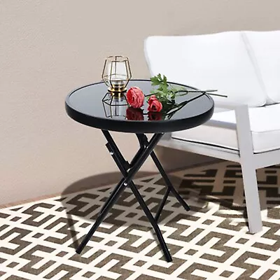 Patio Bistro Black Round Coffee Table Folding Dining Table Outdoor Indoor Garden • £22.85