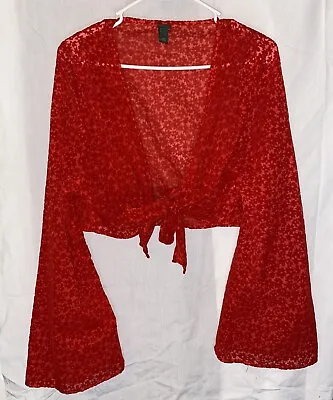 Wild Fable Women's Red Crop Top Bell Sleeves Tie Front Velvet Daisies • $10