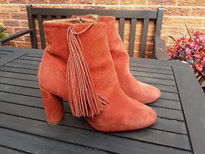 Pre-loved Rust Suede Tasselled / Fringed Ankle Boots Size 7 Eu 40 3  Heel • £9