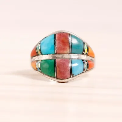 Old Pawn Sterling Blue Turquoise Spiny Oyster Coral Opal Onyx Inlay Ring Sz 5.75 • $79.50