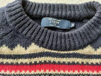 J Crew Mens Used Lambswool Fair Isle Sweater Crew Pullover Navy Blue Red White • $17.76