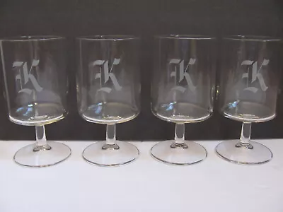 Set Of 4 - VTG 9 Oz Wine/Water Clear Footed Glasses- Monogramed Letter  K  • $42.49