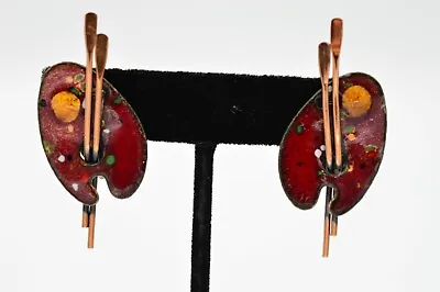 MATISSE RENOIR Vintage Clip Earrings Copper Paint Palette Enamel Signed Bin1 • $41.56