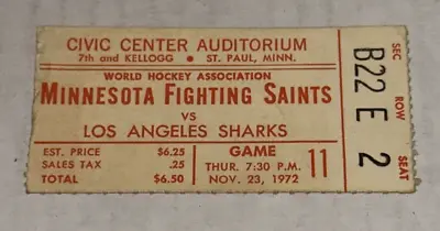 11/23/72 Minnesota Fighting Saints Los Angeles Sharks WHA Hockey Ticket Stub • $53.19