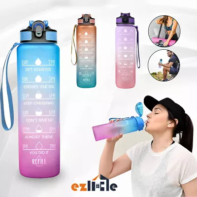 1L Water Bottle Motivational Drink Flask With Time Markings BPA Free Sport Gym • $15.99