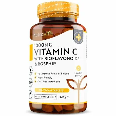 Vitamin C 1000mg & Bioflavonoids Rosehip - 180 Vegan Tablets - Immune Support • £14.99