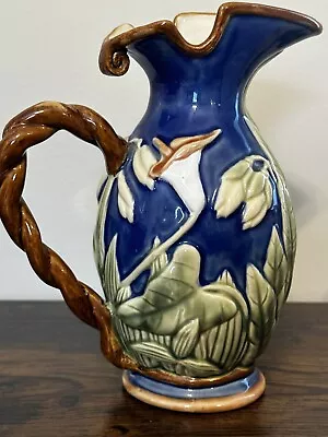 Vintage Blue Majolica Style Pitcher Or Vase Calla Lily Design/BEAUTY ! • $44.99