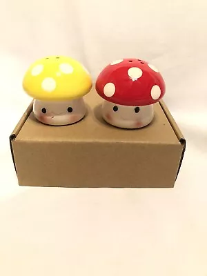 Smiling Red & Yellow Mushroom Salt And Pepper Shakers Decor W/ Stoppers • $12.50