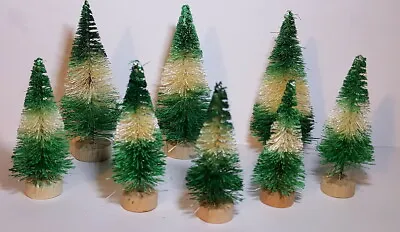 8 GREEN & WHITE Miniature Mini Sisal Bottle Brush Flocked Christmas Trees LOT • $17.95