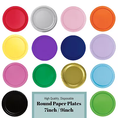 7  9  Round Disposable Paper Plates Plain Colourful Party Plates Cater Tableware • £4.25