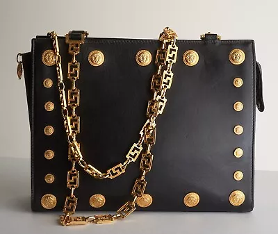 1990s Gianni Versace Couture Medusa Handbag Greek Key Gold Chain Bondage RARE ! • $1250