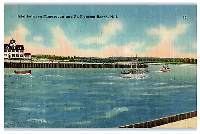 Postcard NJ Inlet Between Manasquan Point Pleasant Beach Sailboat Waterway Linen • $4.99