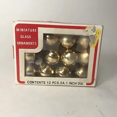 Vintage Miniature Gold Glass Balls Tree Ornaments 12 Ct. 1” Original Box Hooks • $12