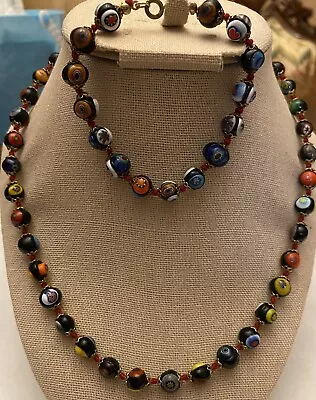 Vintage Venetian Italian Millefiori Art Glass 26” Necklace & Bracelet Set Italy • $75